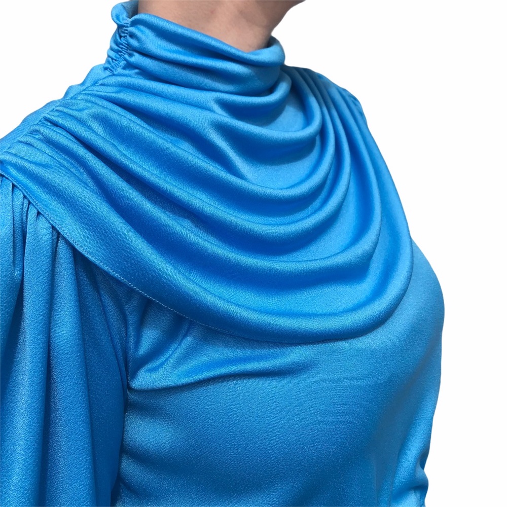 Vintage 70s Blue High Neck Draped Dress - Picture 4 of 9